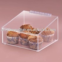 Clear acrylic food bin with cover open upward