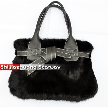 Fur bags Rabbit Fur Bags Rabbit Fur Wild rabbit Satchel messenger bag sling Bow J05 Black
