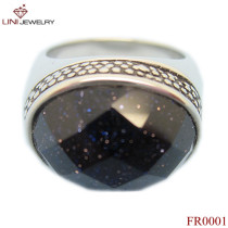 Facet Glass Stone With Sand Stainless Steel Ring