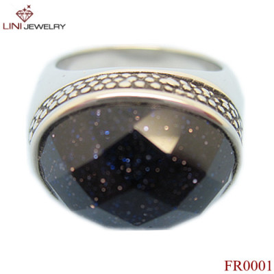 Facet Glass Stone With Sand Stainless Steel Ring