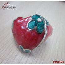 5-Flower Texture Heart Enamel Ring/Red