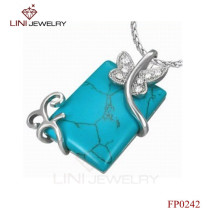 316L Steel Square Blue Turquoise Pendant  w/ Butterfly