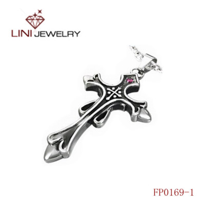 316L Stainless Steel Flower Cross  black Pendant w/a mini purple diamond