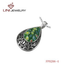 316L Stainless Steel  Cone Shaped Pendant w/ Green  Flowers'  Enemal