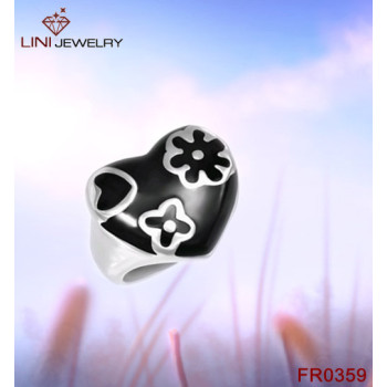 Enamel Flower Heart Stainless Steel Ring/Black