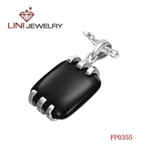 Stainless Steel  Square Shaped Pendant w /Black  Glass Stone