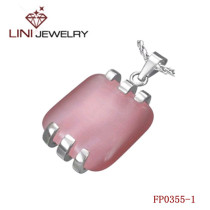 Stainless Steel  Square Shaped Pendant w /Pink Glass Stone