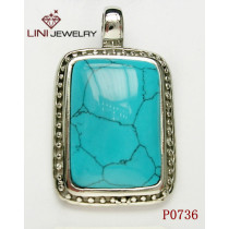 Stainless Steel  Square Pendant w /Blue Turquoise
