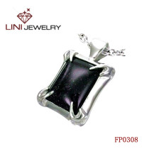 316L Stainless Steel Square Shaped  Pendant w/Black stone