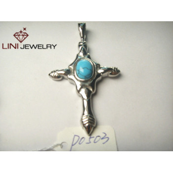 Stainless Steel Cross Pendant w /Blue Turquoise
