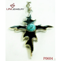 Stainless Steel Cool Cross Pendant w /Blue Turquoise