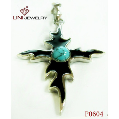 Stainless Steel Cool Cross Pendant w /Blue Turquoise