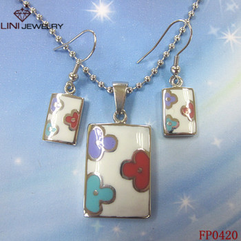 Colored Flower & White Enamel Square jewelry set