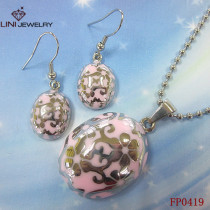 Flower Pattern Oval 316l Stainless Steel& Pink  Enemal  jewerly set