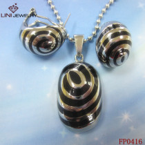 Spiral Stripe  Long Oval Black Enamel jewelry set