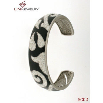 wholesale fashion Stainless Steel bangle, Pandora Bracelet/Black Enamle&White Crystal