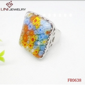Multicolor Flower Sulfur Glass Stone Steel Ring FR0638