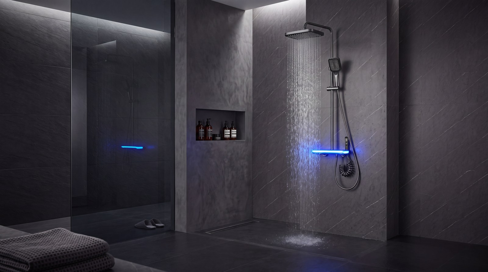 Thermostatic exposed shower system installed in a modern bathroom