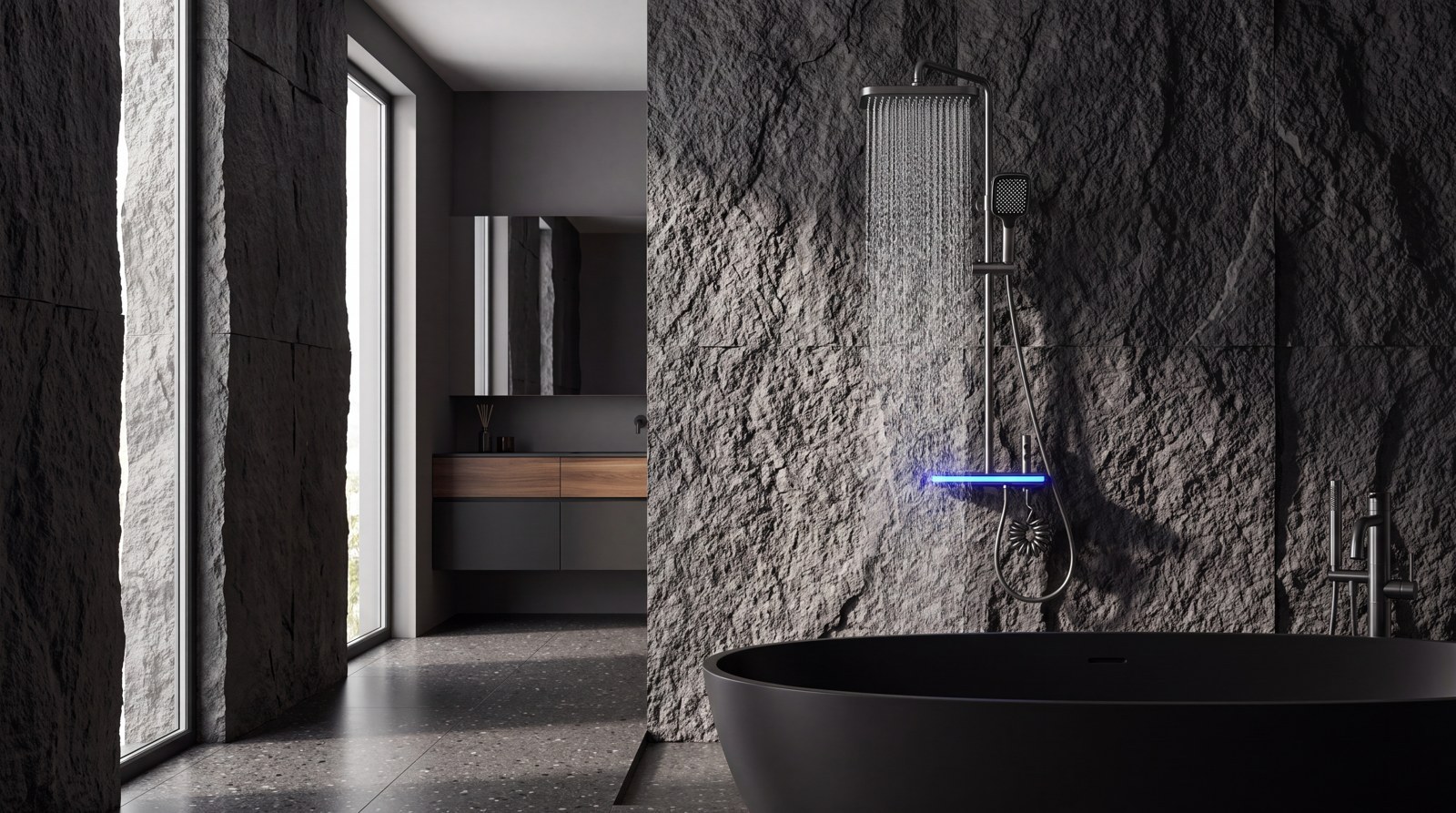 Exposed shower system in a luxury dark stone bathroom