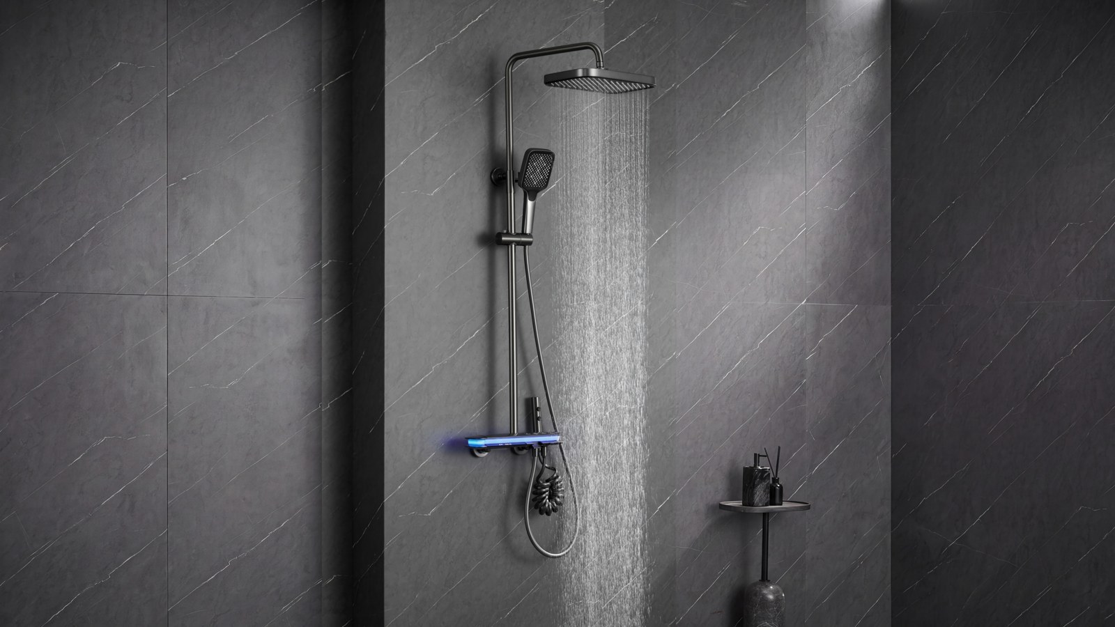 Exposed shower system installed in a residential bathroom