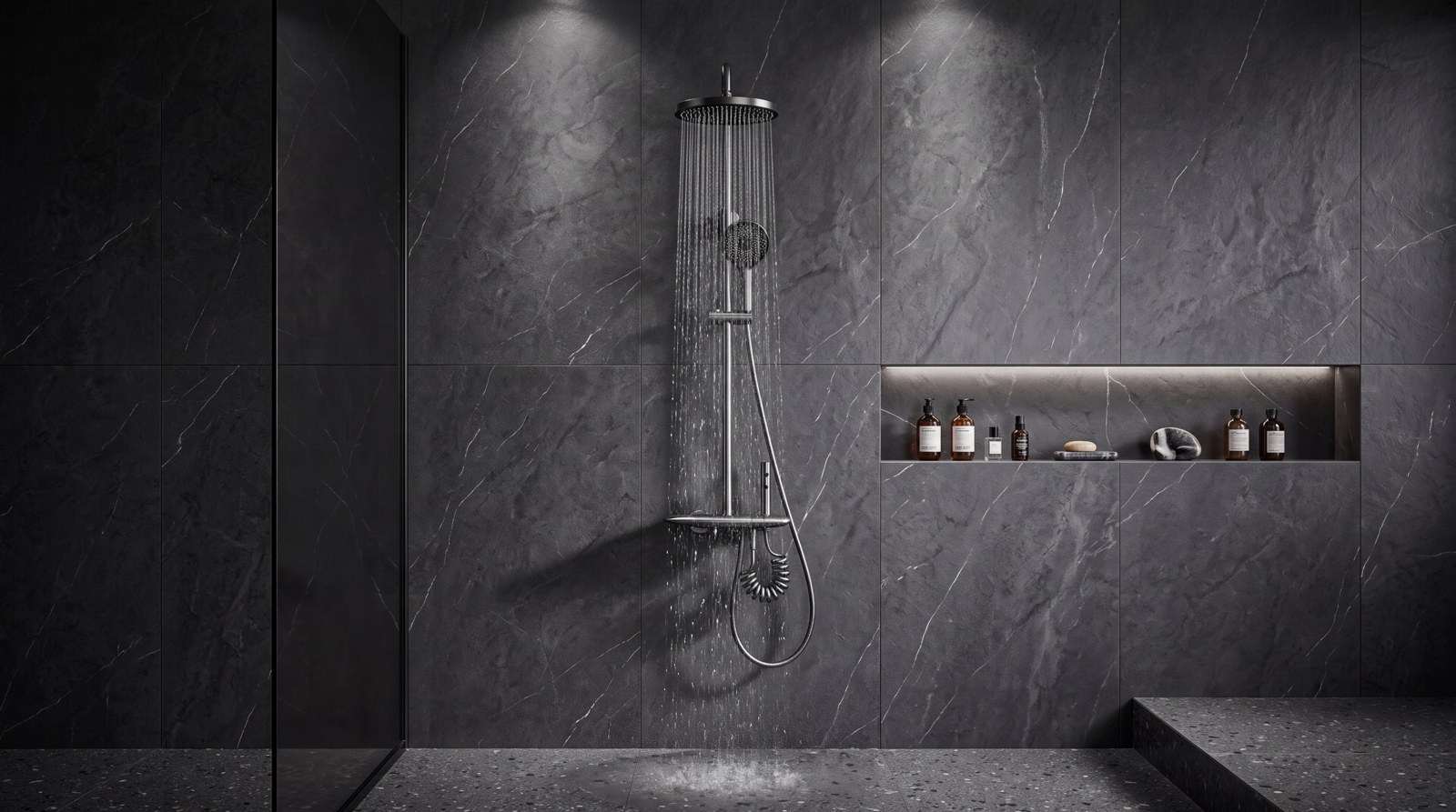 Exposed shower system product and bathroom project view 3