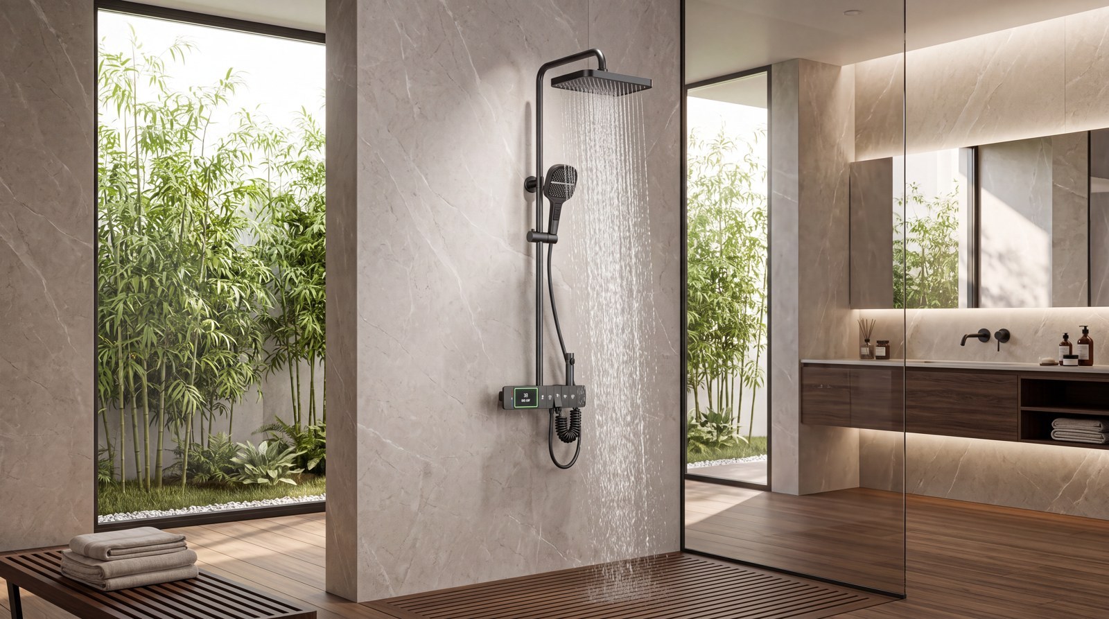 Exposed shower system product and bathroom project view 2