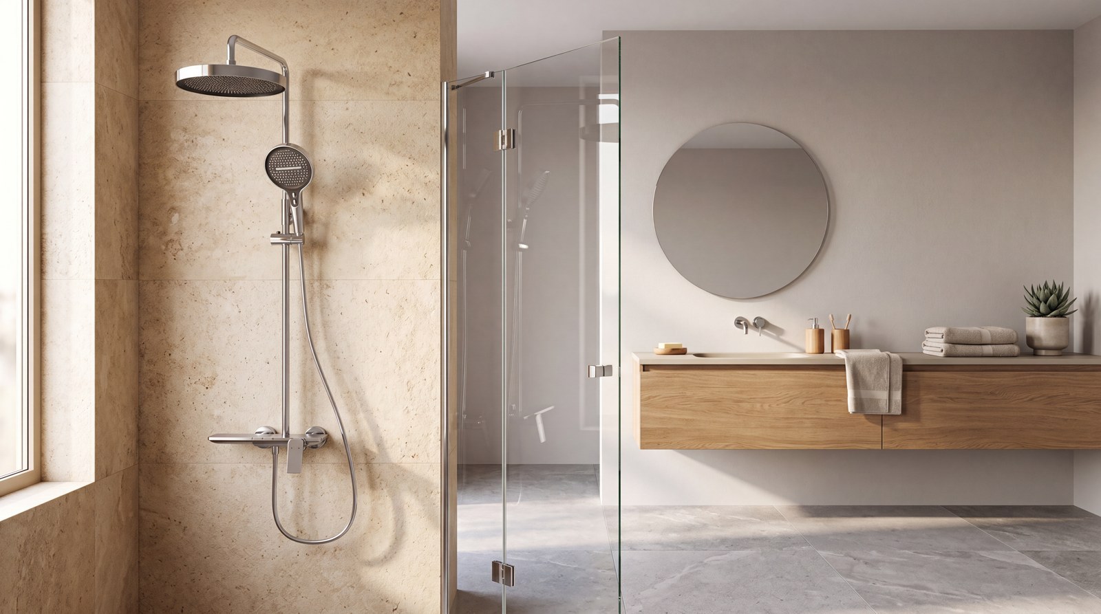 Exposed shower system construction and functional design