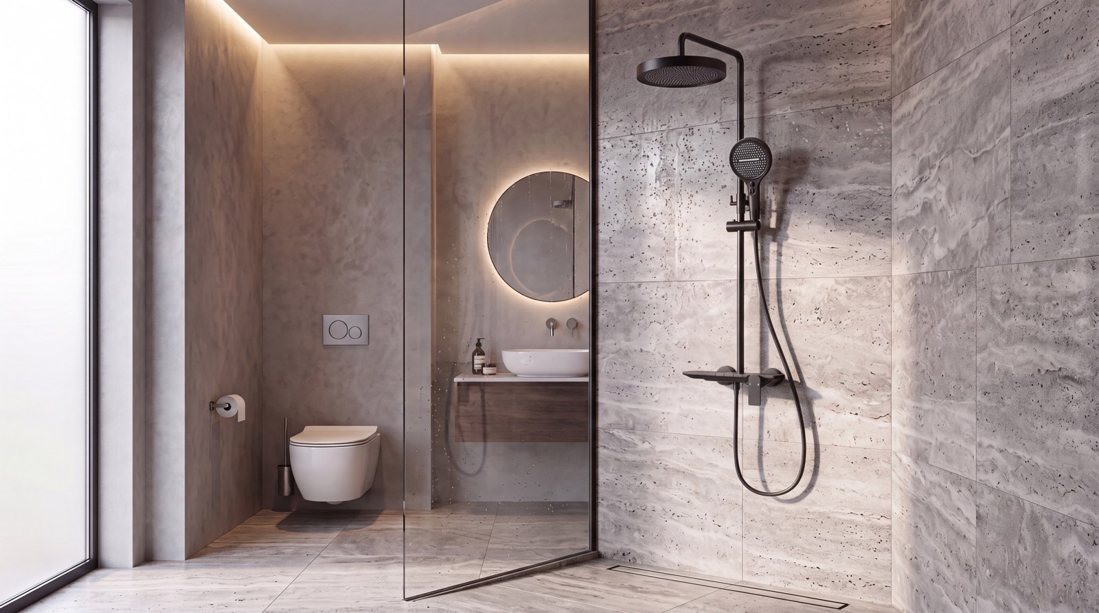 Exposed shower system product and bathroom project view 1