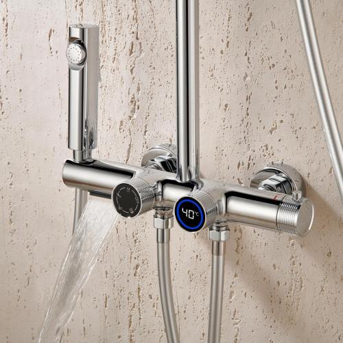Chrome 4-Function Thermostatic Exposed Shower System with Digital Display | Wholesale Supplier for Bathroom Projects