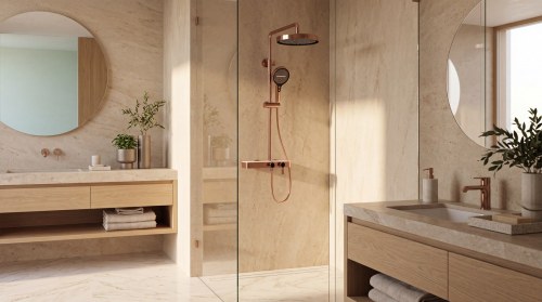 Premium Rose Gold 3-Function Exposed Shower System with Storage Shelf | Wholesale Supplier for Bathroom Projects