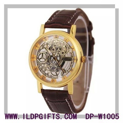 Fashion quartz skeleton leather watch