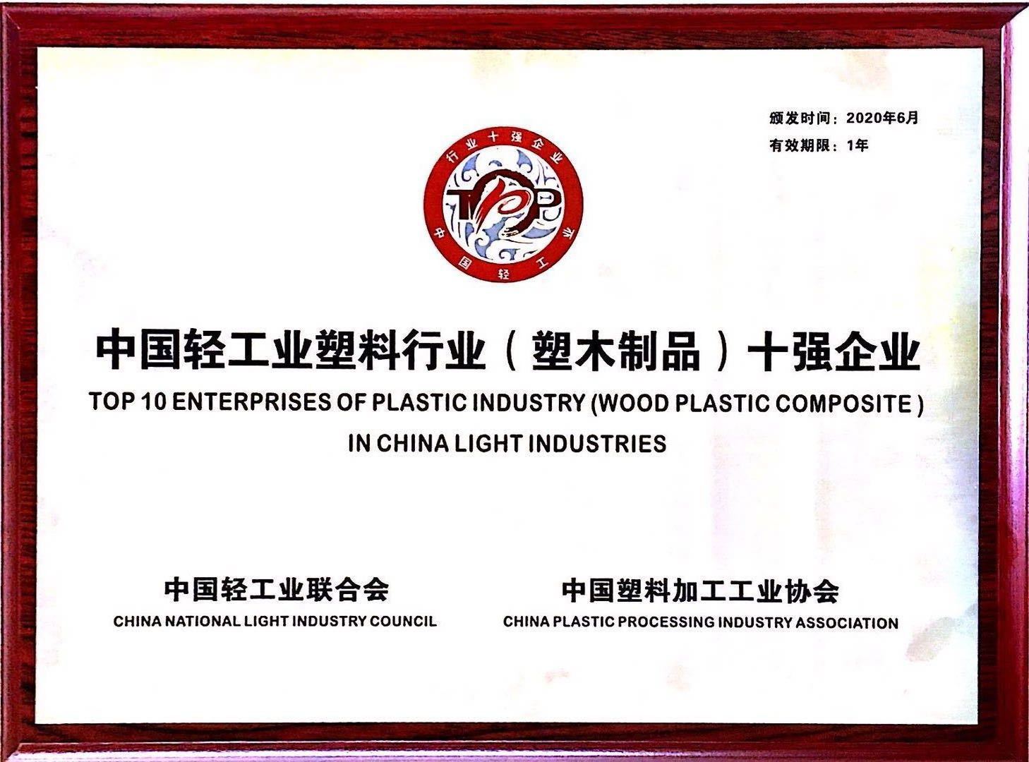 TOP 10 ENTERPRISES OF PLASTIC INDUSTRY(WOOD PLASTIC COMPOSITE) IN CHINA LIGHT INDUSTRIES