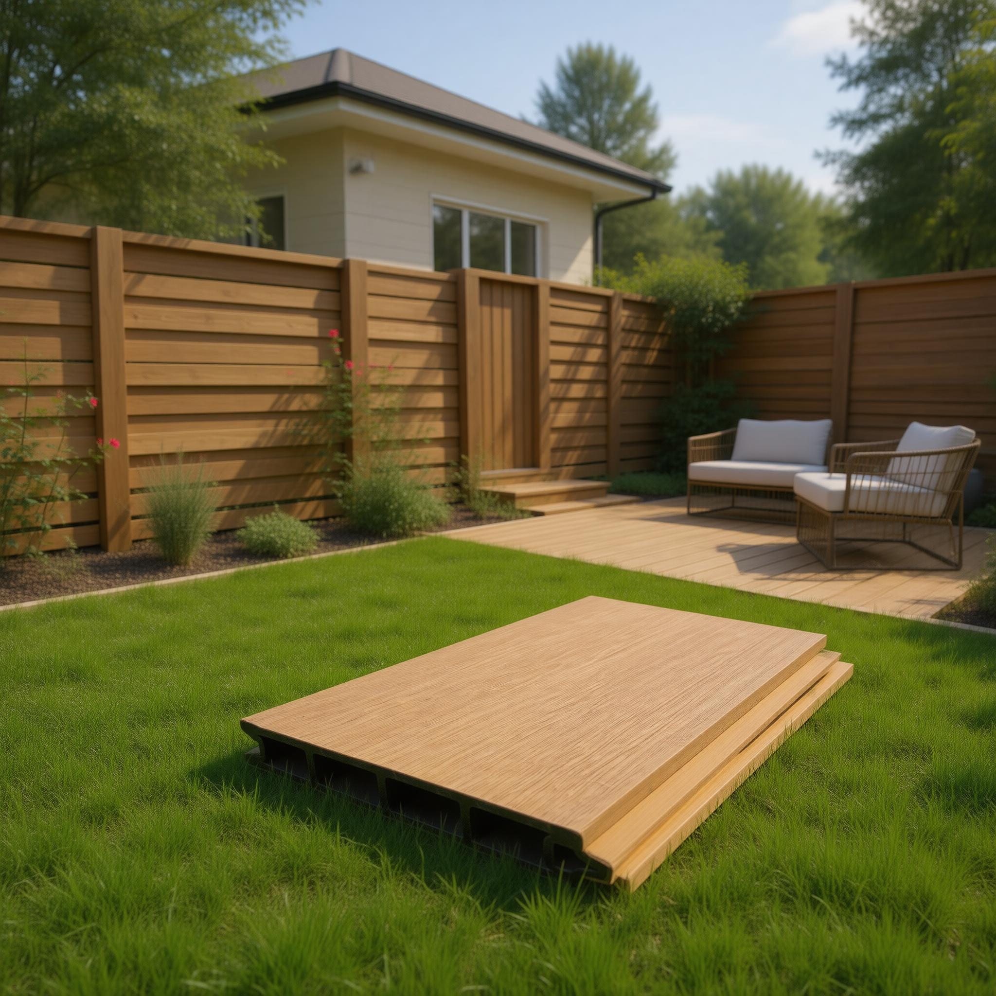 WPC fence installed in a lush garden setting