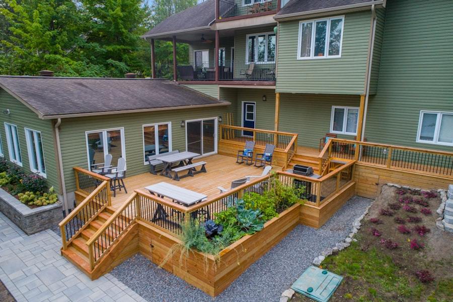 Outdoor composite deck with furniture and plants