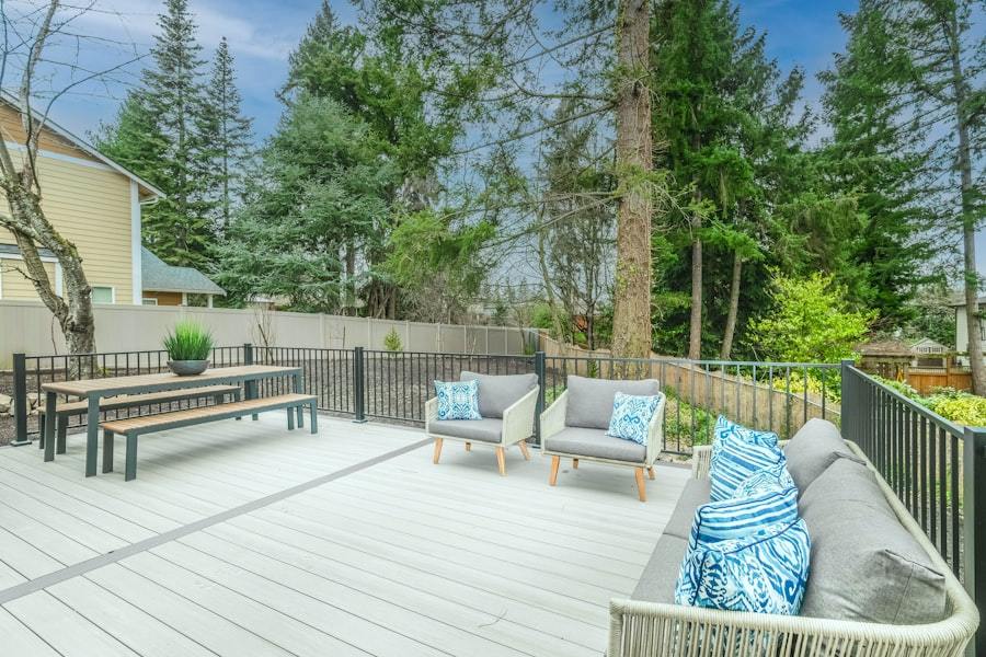 White bench on a wooden deck