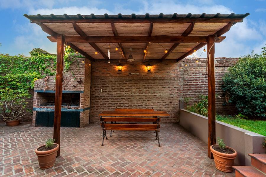 Wooden bench under a pergola