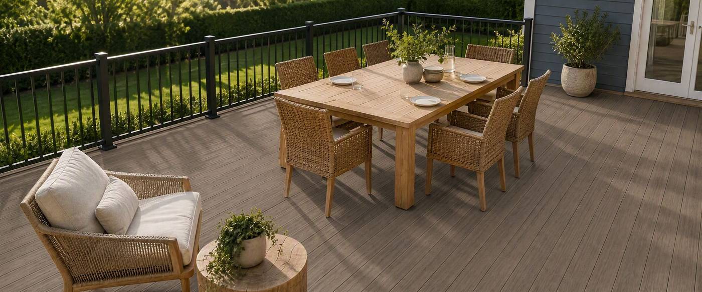 HOHEcotech ASA capped PVC decking on a terrace at twilight