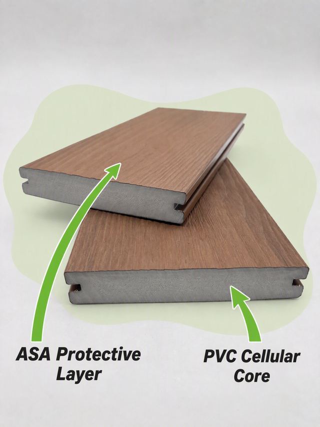ASA capped PVC decking board structure: PVC core and ASA cap layer