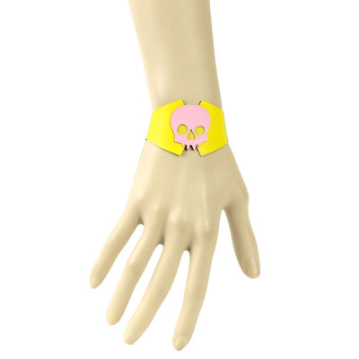 Yellow Leather Bracelet with Pink Skull Decoration