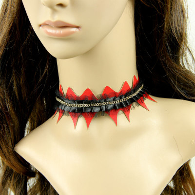 Red artificial leather with black lace fashion necklace