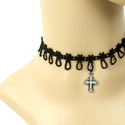 Classic black lace with white cross pendant choker necklace