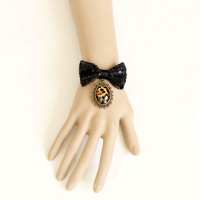 Hand-made Vintage Black Lace Bow with Leopard Jewel