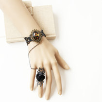 European style vintage Leather Bracelet with Black Rose Ring