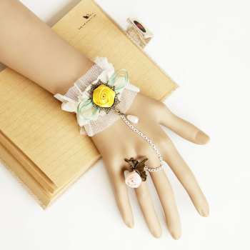 Handmade White Lace Bracelets with Yellow&Pink Rose