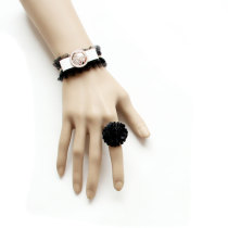 White Bow Black Lace Bracelet with Black Ball Ring