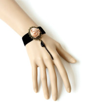 Champagne Color Rose Bracelet Black Woolen Ribbon Wristband