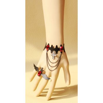 Black artifical leather bracelet with bat pattern ring sets