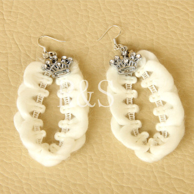 White Woolen Earrings with Silver Crown