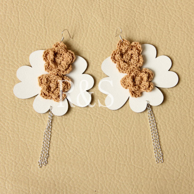 Tassels White Leather Orange Woolen Flower Earrings