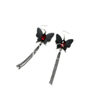 Black Leather Butterfly Earrings Long Alloy Tassels